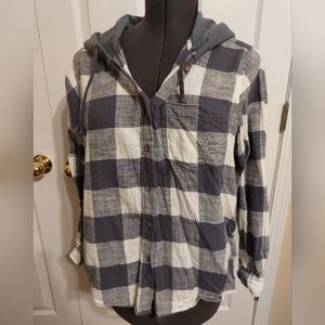 Plaid Hooded Button Down Top